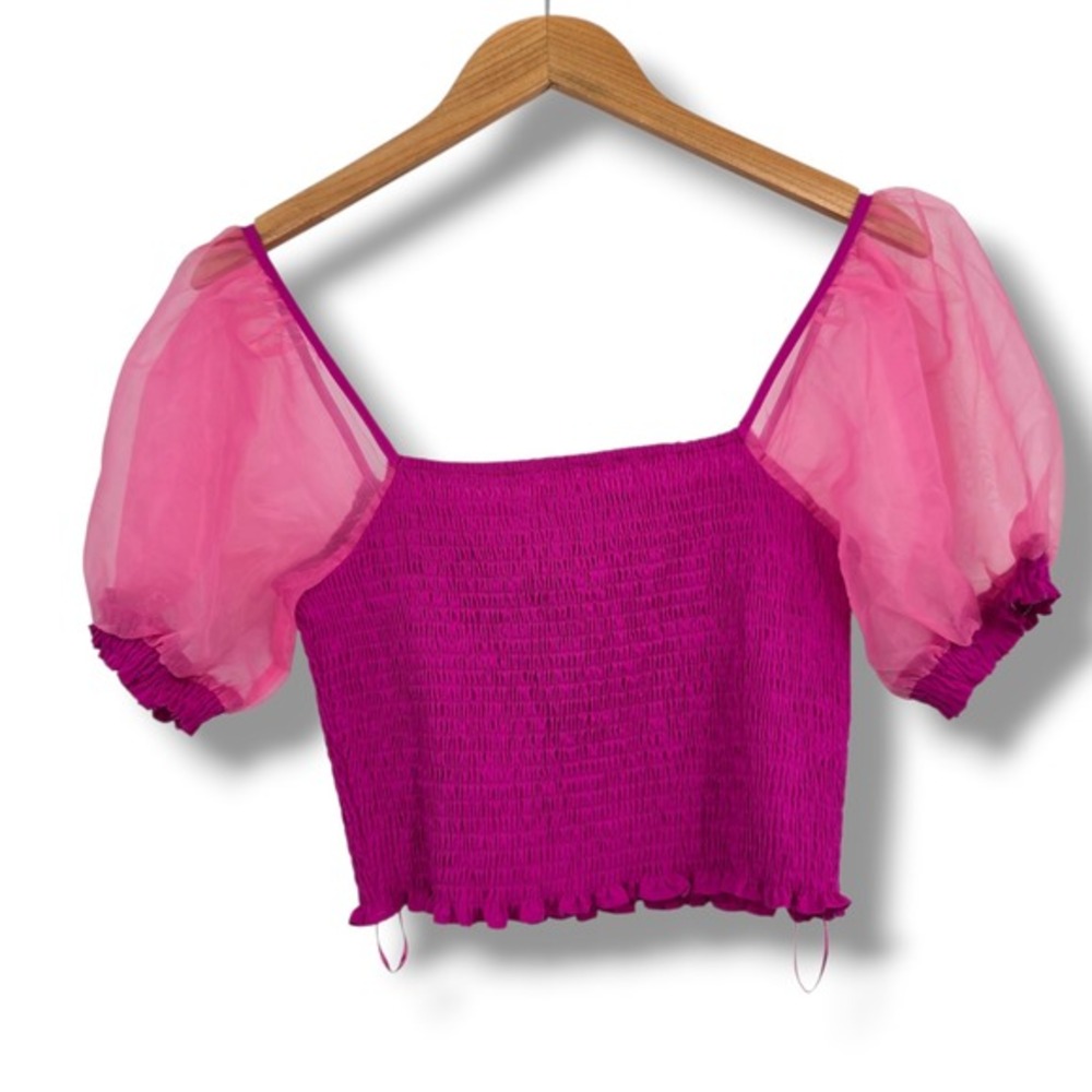 New TCEC Womens Smocked Crop Top‎ Fuchsia Pink Sheer Puff Sleeve Size Large